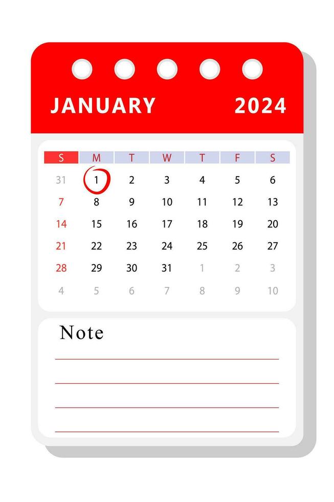 January 2024 note calendar template. Vector design