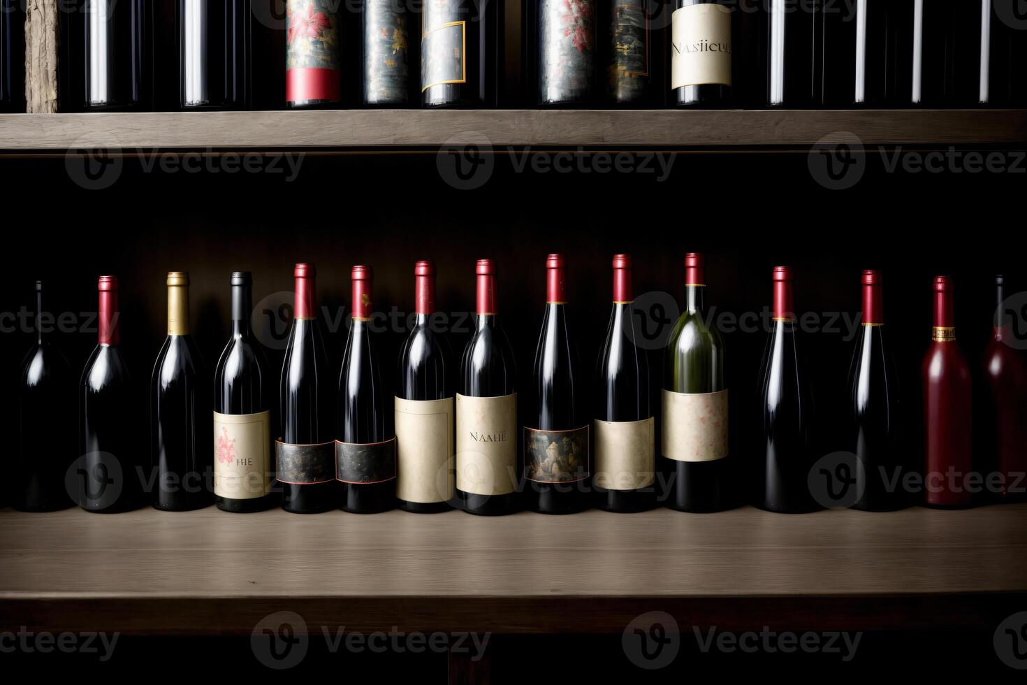 A Number Of Bottles Of Wine On A Shelf. photo