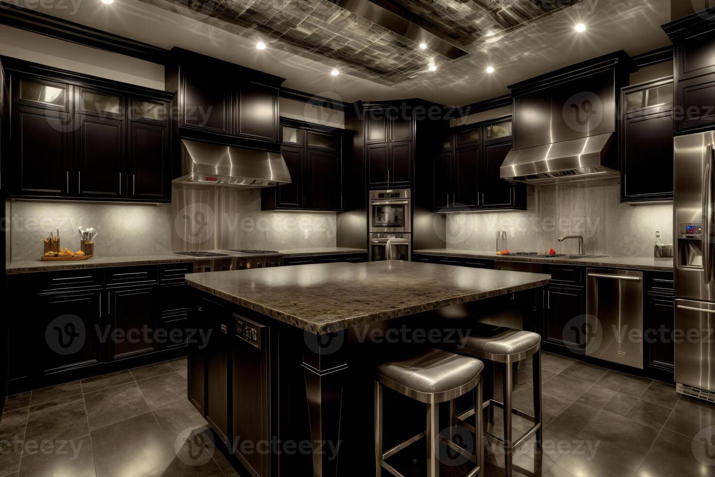 A Kitchen With A Center Island Surrounded By Black Cabinets. photo