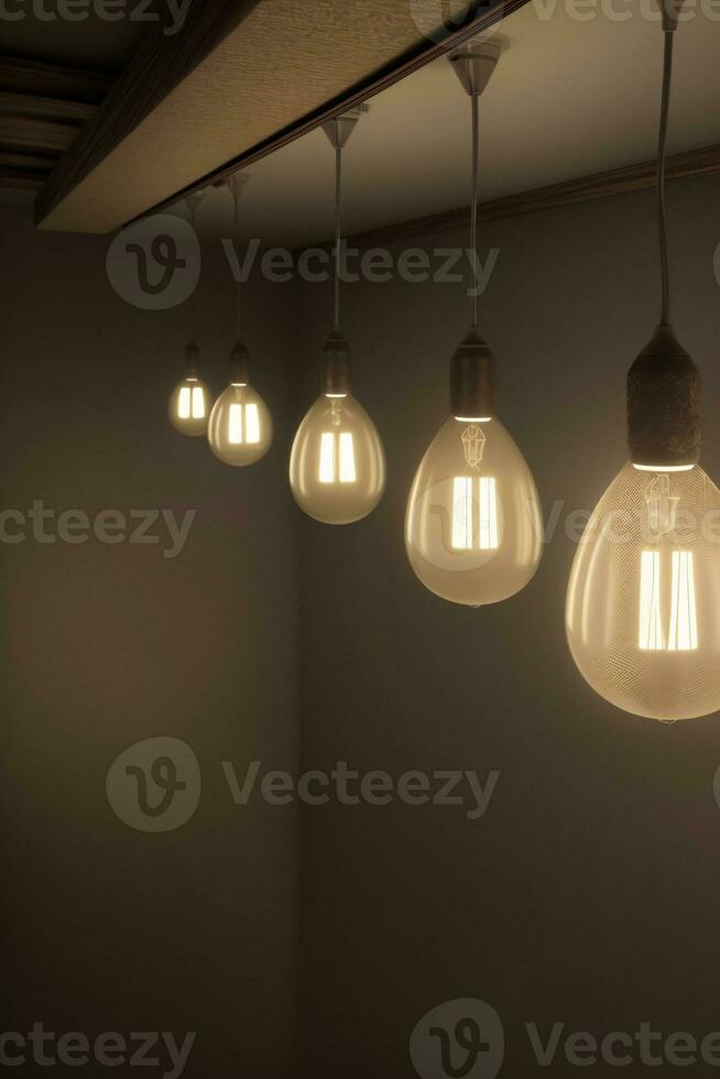 A Group Of Light Bulbs Hanging From A Ceiling. AI Generated photo