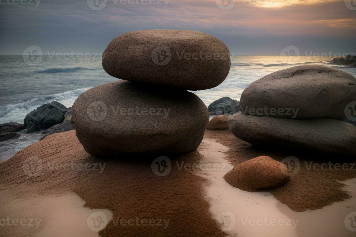 un pila de rocas sentado en parte superior de un arenoso playa. ai generado foto