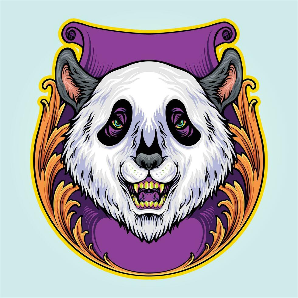 Adorable panda head in ornate engraved frame vector illustrations for your work logo, merchandise t-shirt, stickers and label designs, poster, greeting cards advertising business company