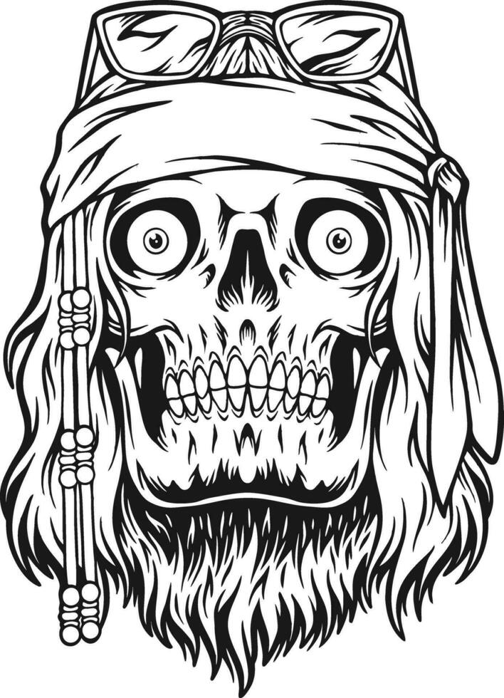 Siniestro cráneo cabeza hippie con venda Gafas de sol ilustraciones monocromo vector ilustraciones para tu trabajo logo, mercancías camiseta, pegatinas y etiqueta diseños, póster, saludo tarjetas publicidad