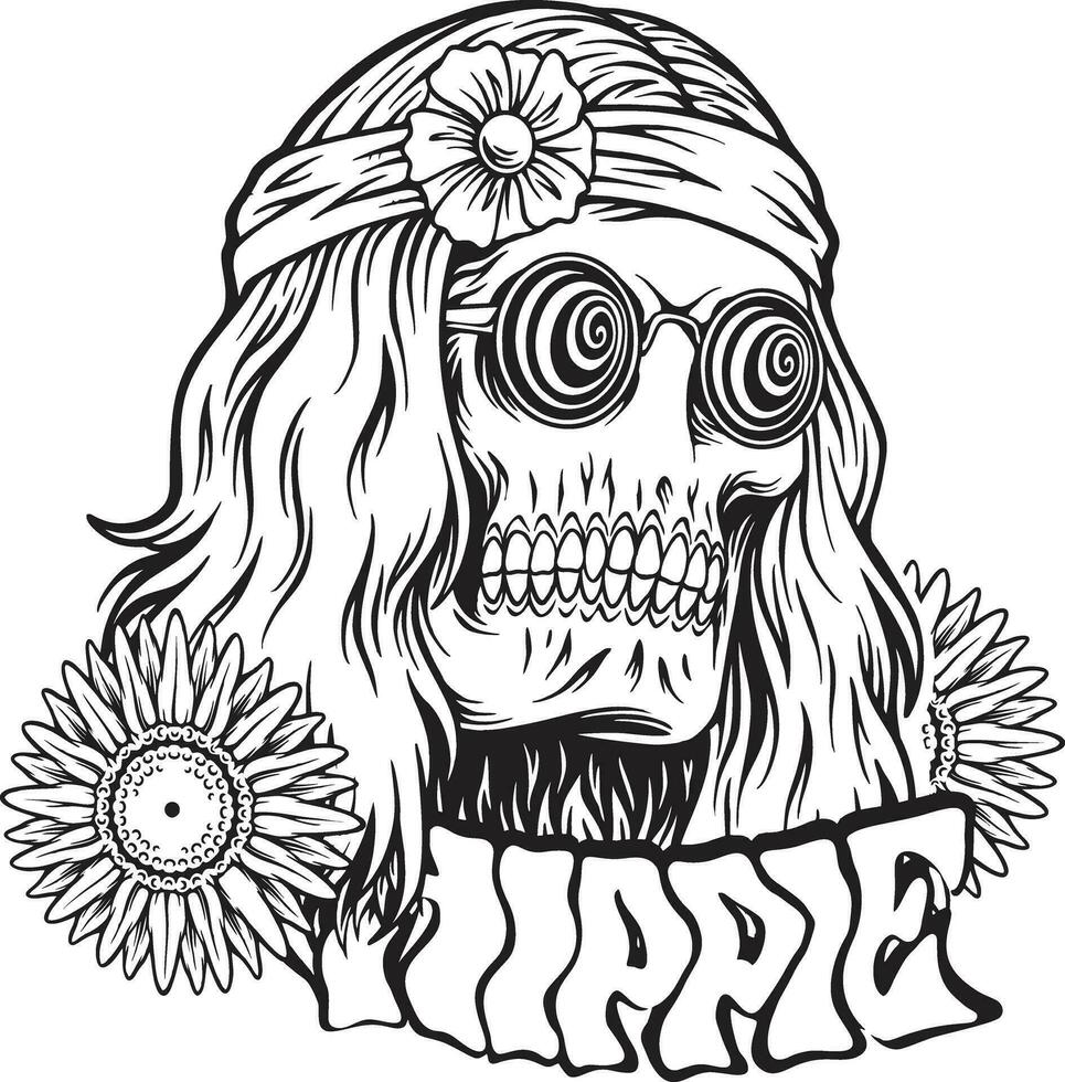 trippy hippie cráneo cabeza bohemio estilo logo ilustraciones silueta vector ilustraciones para tu trabajo logo, mercancías camiseta, pegatinas y etiqueta diseños, póster, saludo tarjetas publicidad