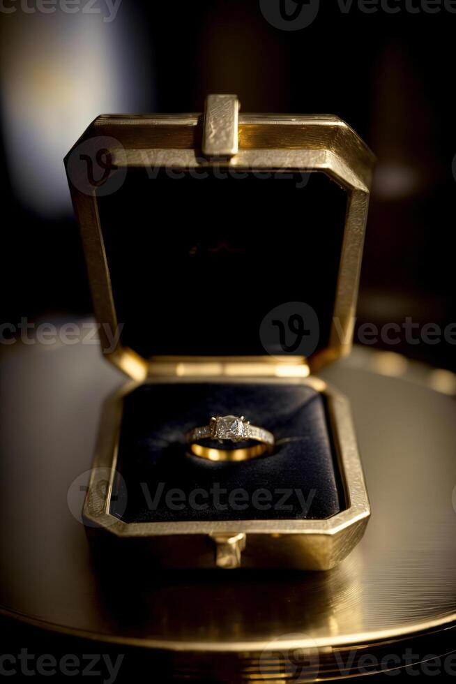 A Close Up Of A Ring In A Box On A Table. photo