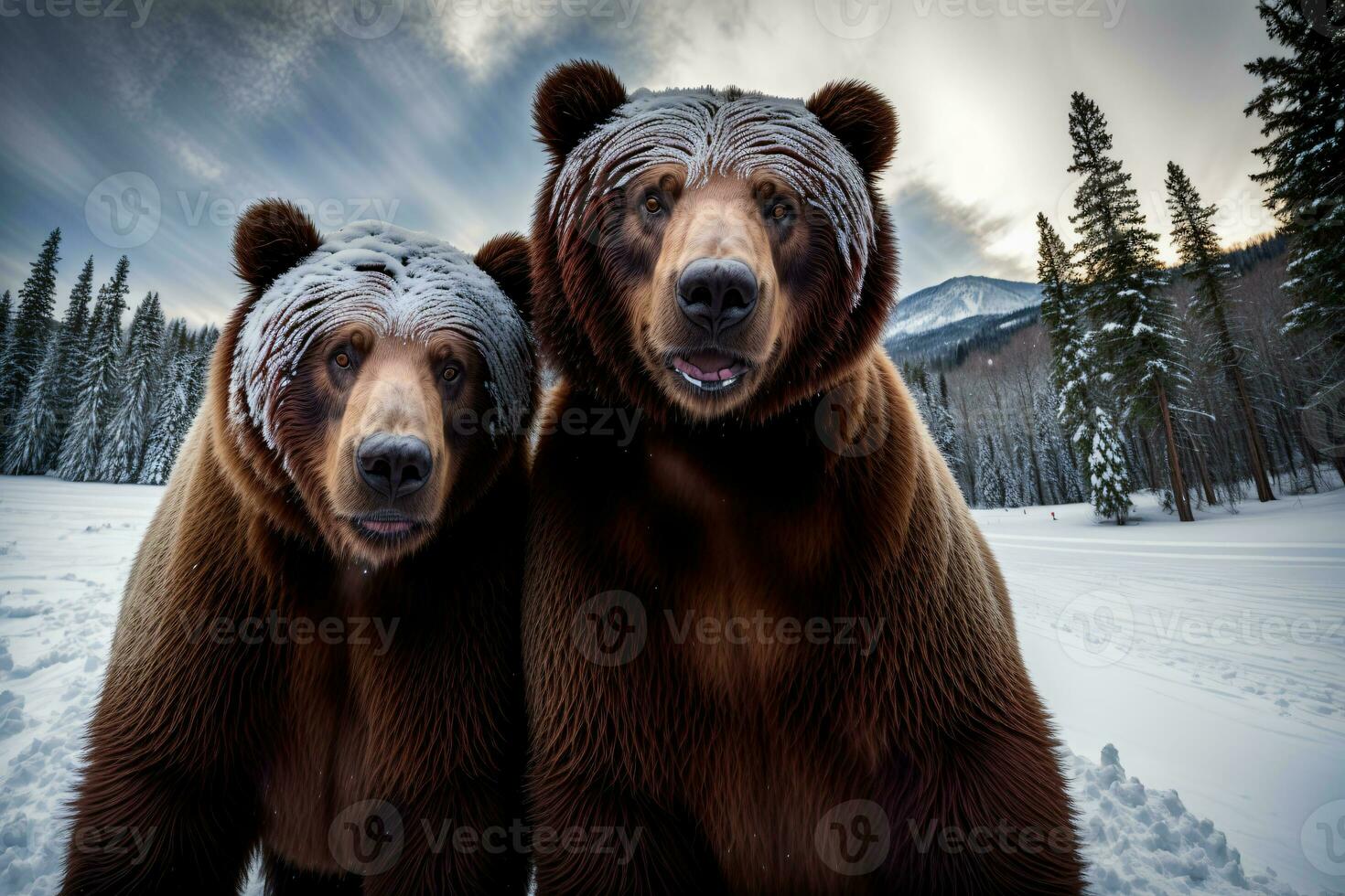Two Brown Bears Standing Next To Each Other In The Snow. AI Generated photo