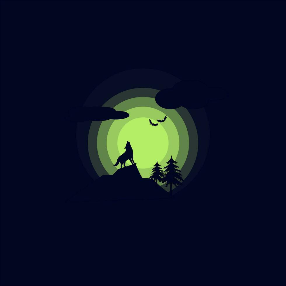 un lobo es en pie en un colina a noche con el Luna en el antecedentes vector
