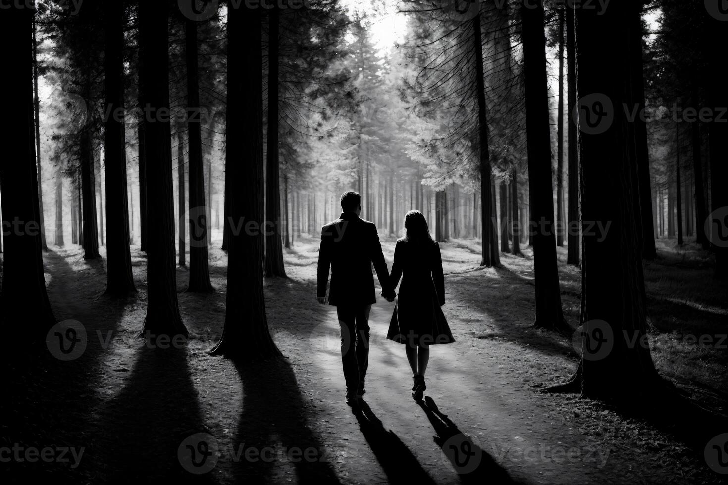 A Couple Walking Through A Forest Holding Hands. AI Generated photo