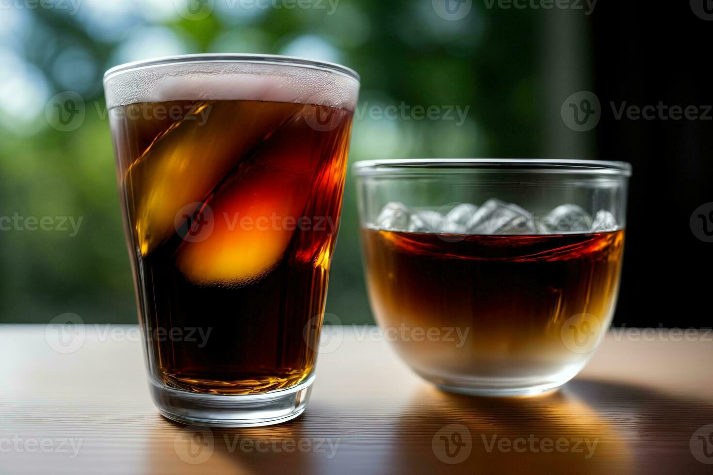 A Glass Of Tea Next To A Bowl Of Ice Cubes. AI Generated photo