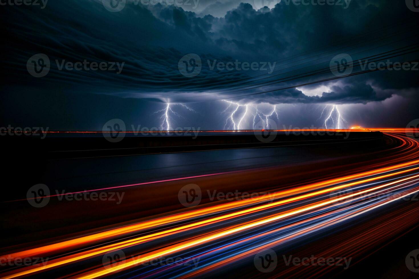 A Group Of Lightning Strikes Over A Highway. AI Generated photo