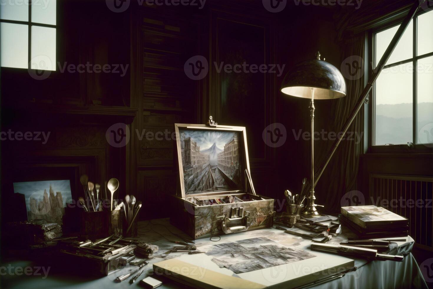 A Desk With A Painting And A Lamp On It. photo