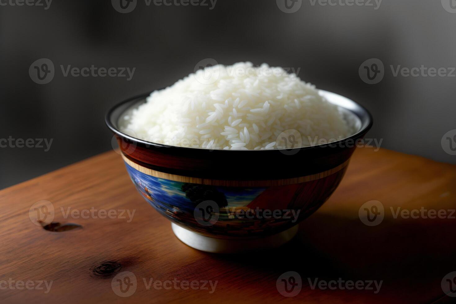 A Bowl Filled With Rice Sitting On Top Of A Wooden Table. photo