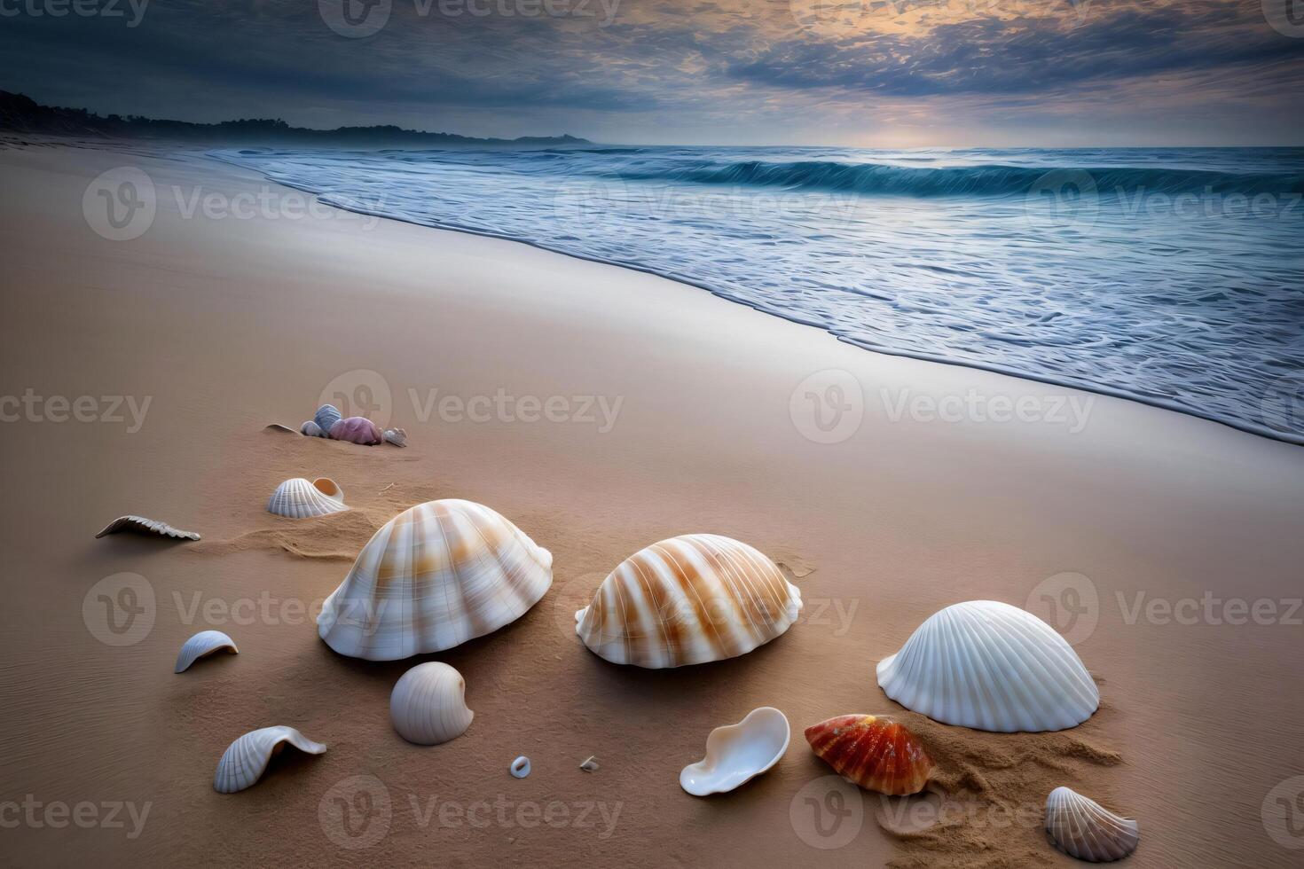 A Group Of Seashells Sitting On Top Of A Sandy Beach. photo