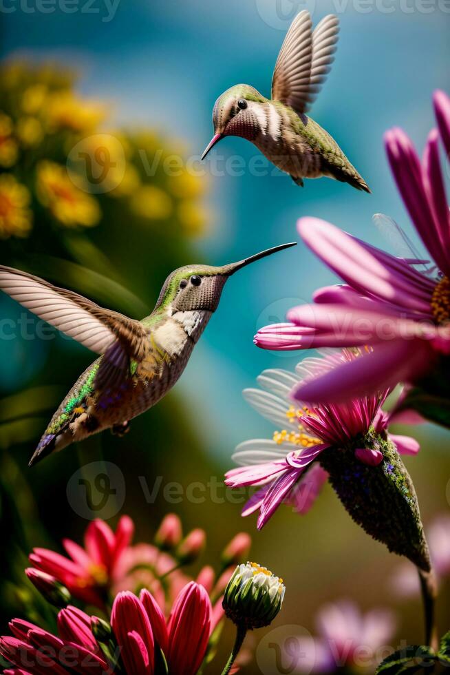un Pareja de colibríes volador terminado un manojo de flores ai generado foto