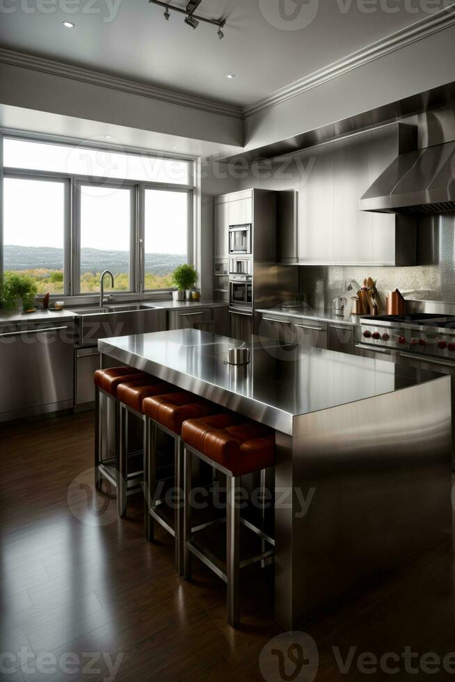 A Kitchen With Stainless Steel Appliances And Stools. AI Generated photo