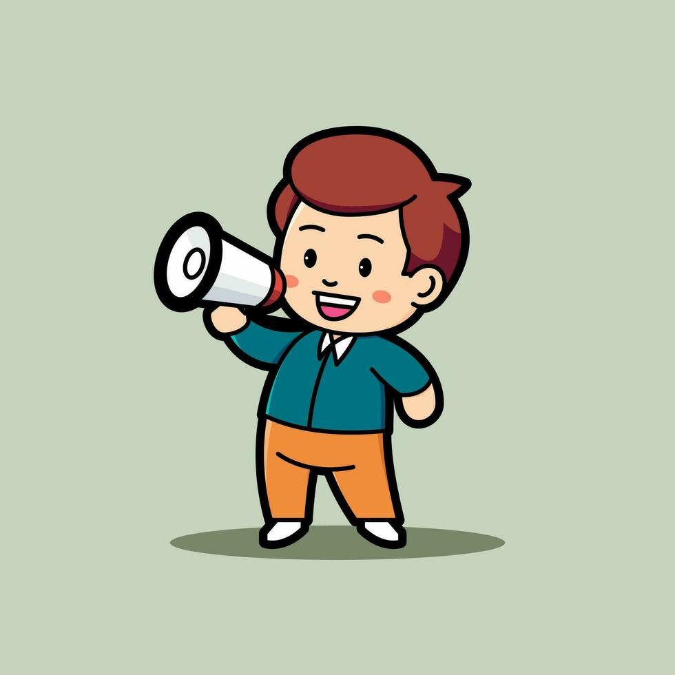 Cute Kids Holding A Megaphone Mascot Simple Vector Illustration