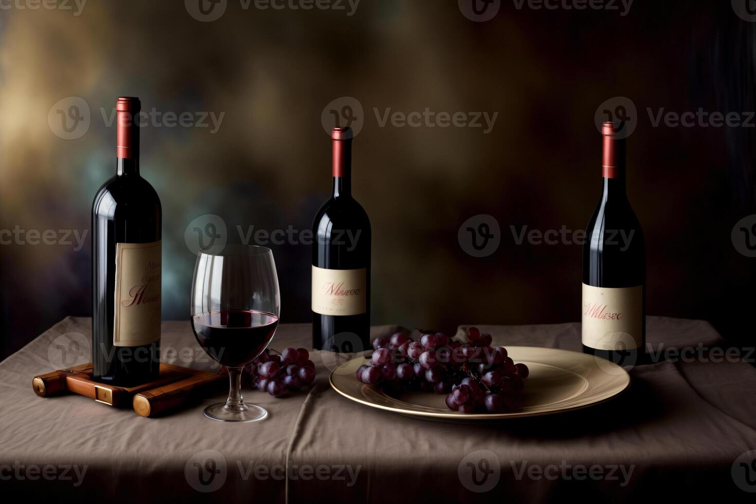 Three Bottles Of Wine And Two Glasses Of Wine On A Table. photo