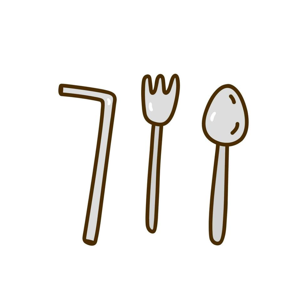 Reusable steel cutlery - fork, spoon and straw for drinks isolated on white background. Vector hand-drawn illustration in doodle style. Perfect for decorations, logo. Zero waste, ecology concept.