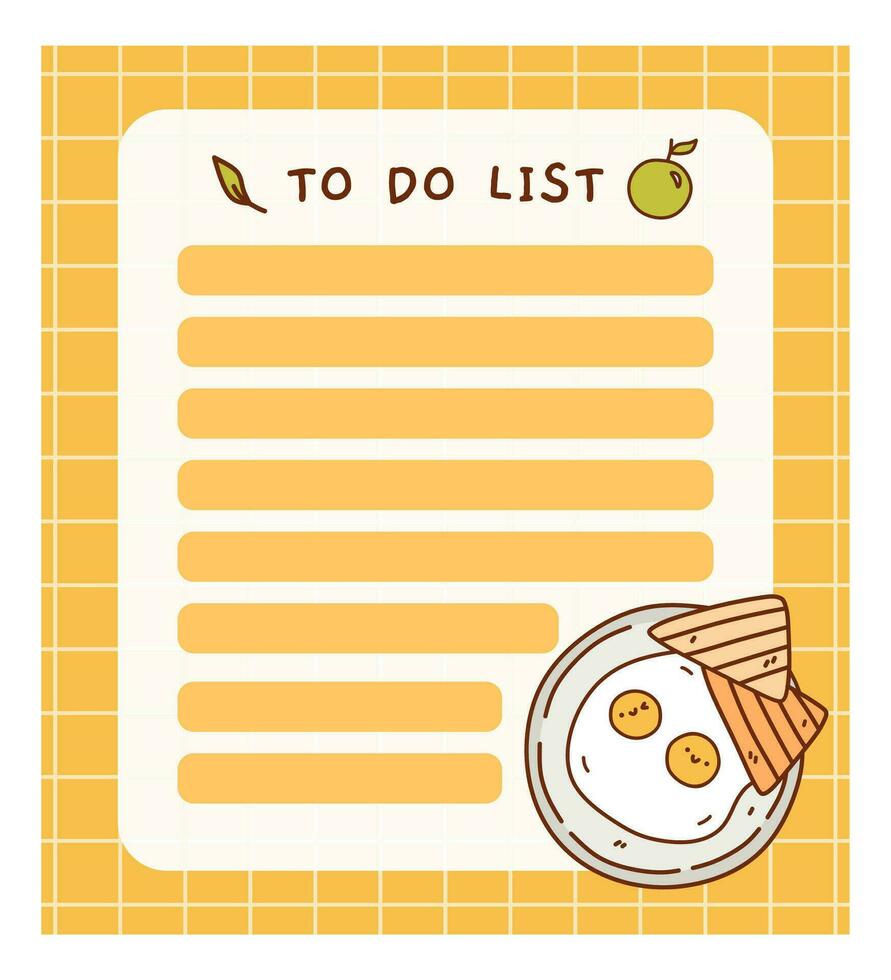 Cute to do list template with fried eggs. Kawaii and funny design of daily planner, schedule or checklist. Perfect for planning, memo, notes and self-organization. Vector hand-drawn illustration.