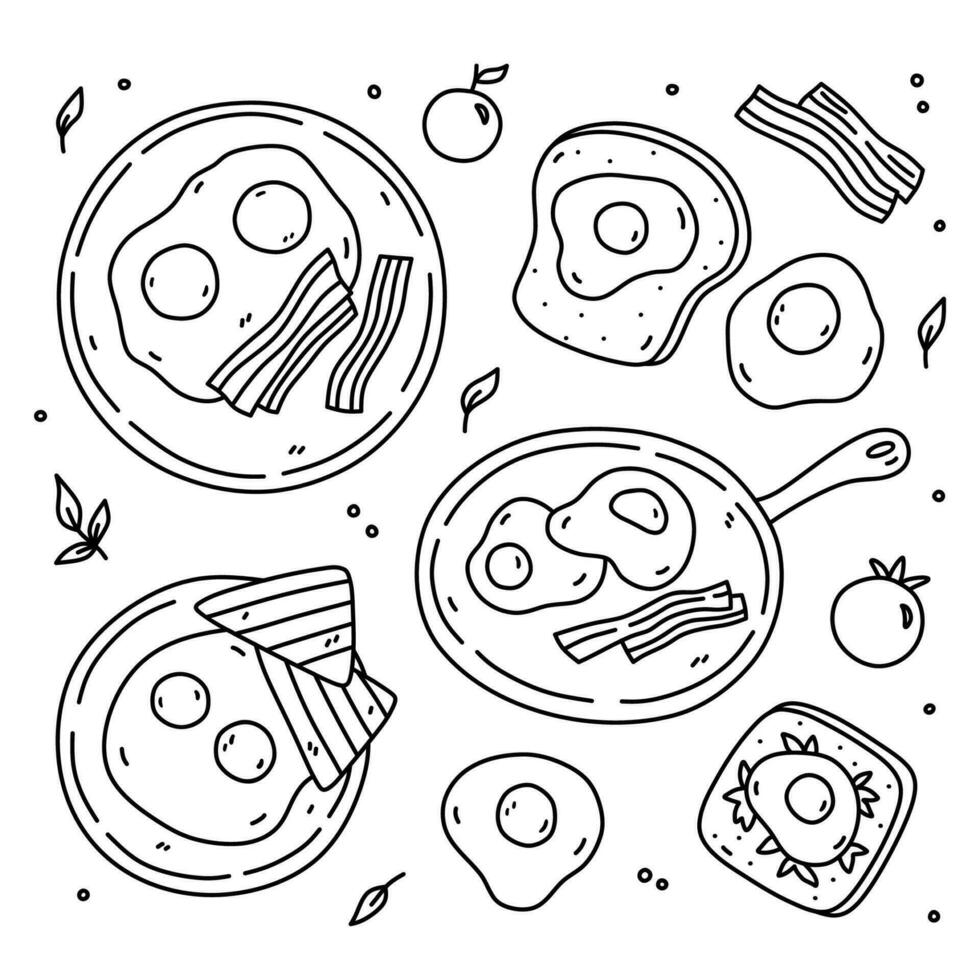 Cute breakfast set with fried eggs, bacon, toast and tomatoes. Vector hand-drawn illustration in doodle style. Perfect for various designs, cards, stickers, decorations, logo, menu, recipes.