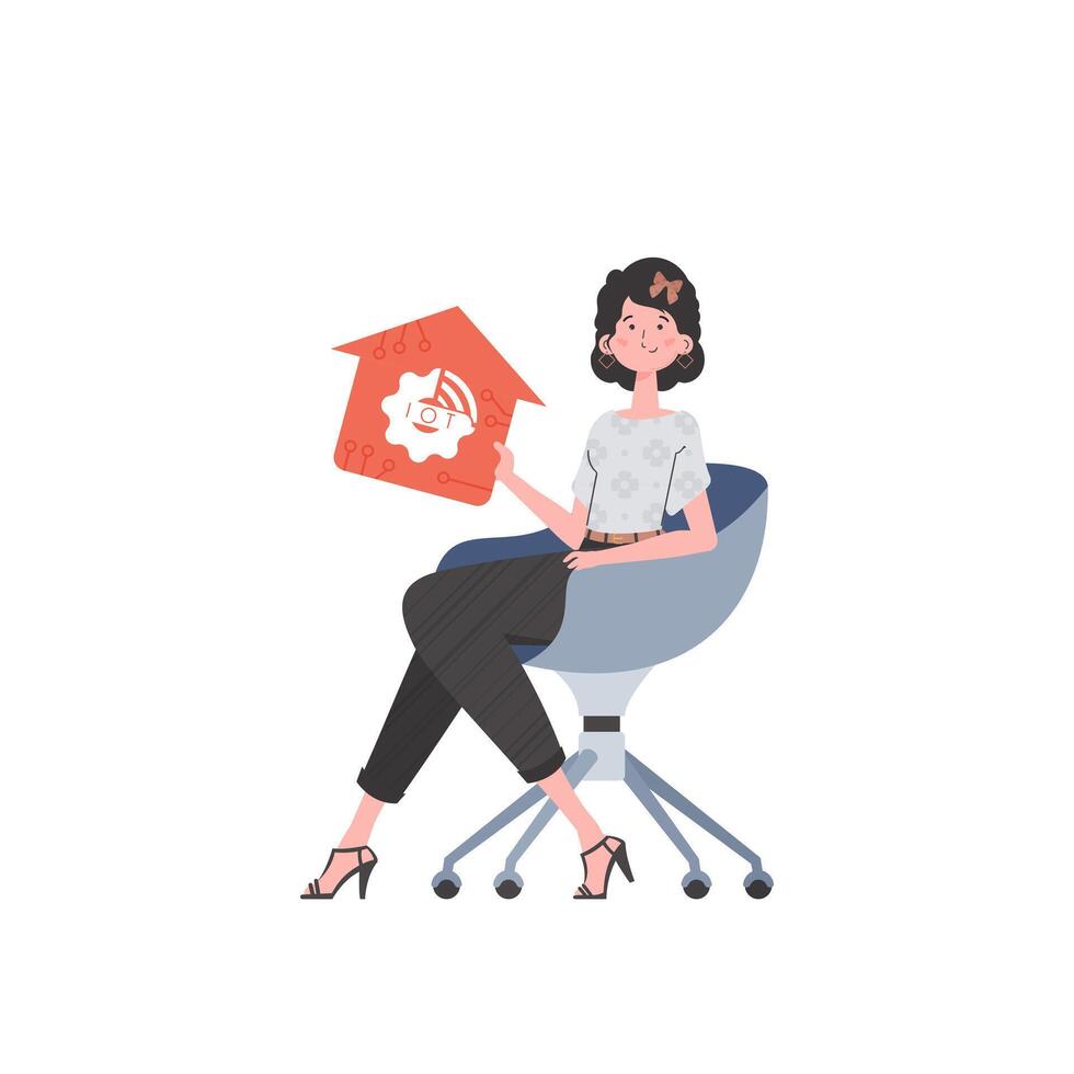 The girl sits in a chair and holds an icon of a house in her hands. Internet of things and automation concept. Isolated. illustration in trendy flat style. vector