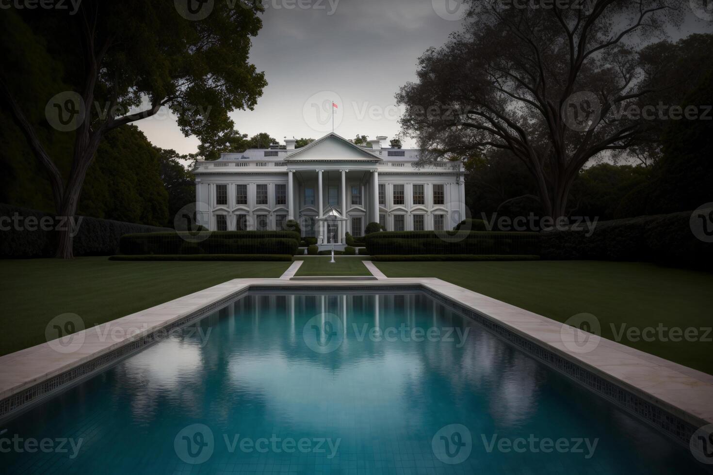 A Large White House With A Pool In Front Of It. AI Generated photo