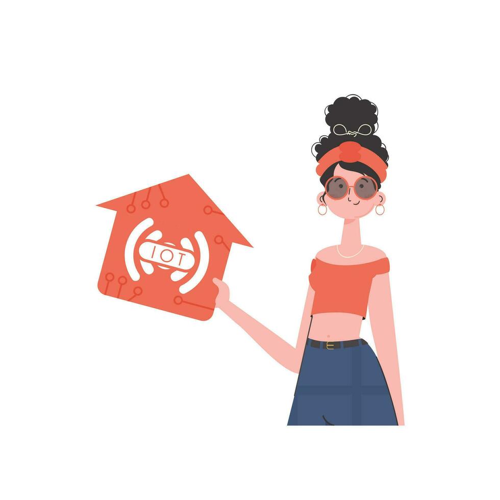 IoT concept. The girl is shown to the waist. A woman is holding a house icon in her hands. Isolated. Vector illustration in flat style.