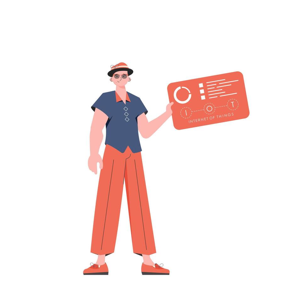 A man holds a panel with analyzers and indicators in his hands. Internet of things concept. Isolated. illustration in trendy flat style. vector
