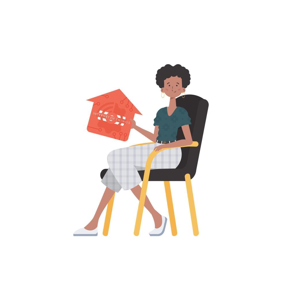 The girl sits in a chair and holds an icon of a house in her hands. Internet of things concept. Isolated. Vector illustration in flat style.