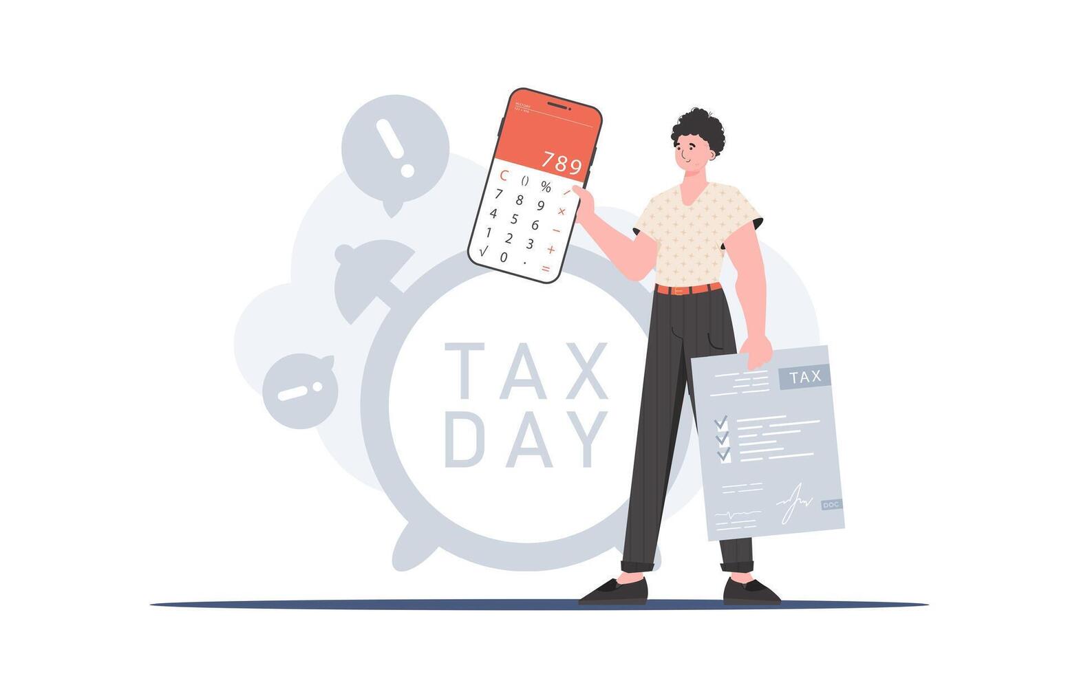 A man holds a calculator and a tax form in his hands. The concept of payment and calculation of taxes. Trend style, vector illustration.
