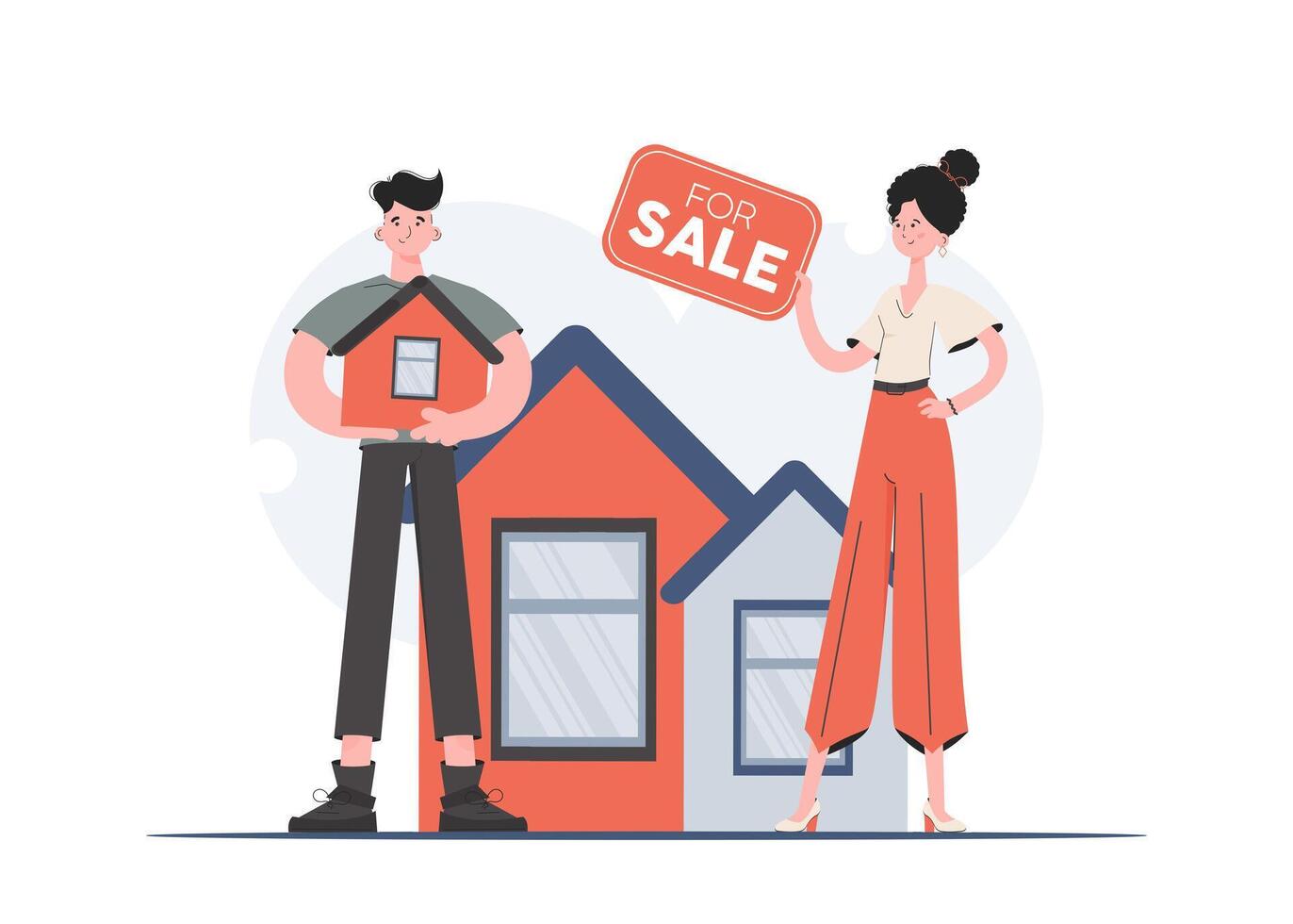A man and a woman are standing in full growth with a sale sign. House sale. Flat style. Element for presentations, sites. vector