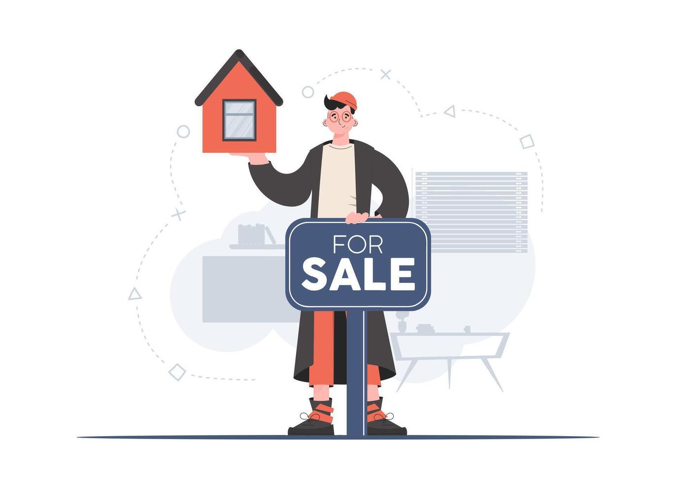 A man stands in full growth and holds a model of the house. Realtor. Flat style. Element for presentations, sites. vector