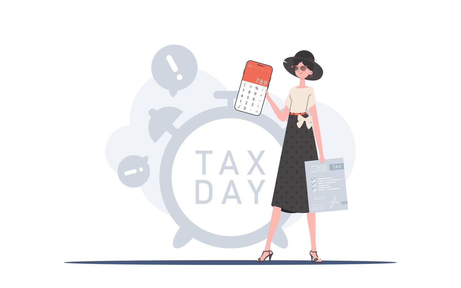 A woman holds a calculator and a tax form in her hands. The concept of payment and calculation of taxes. illustration. vector