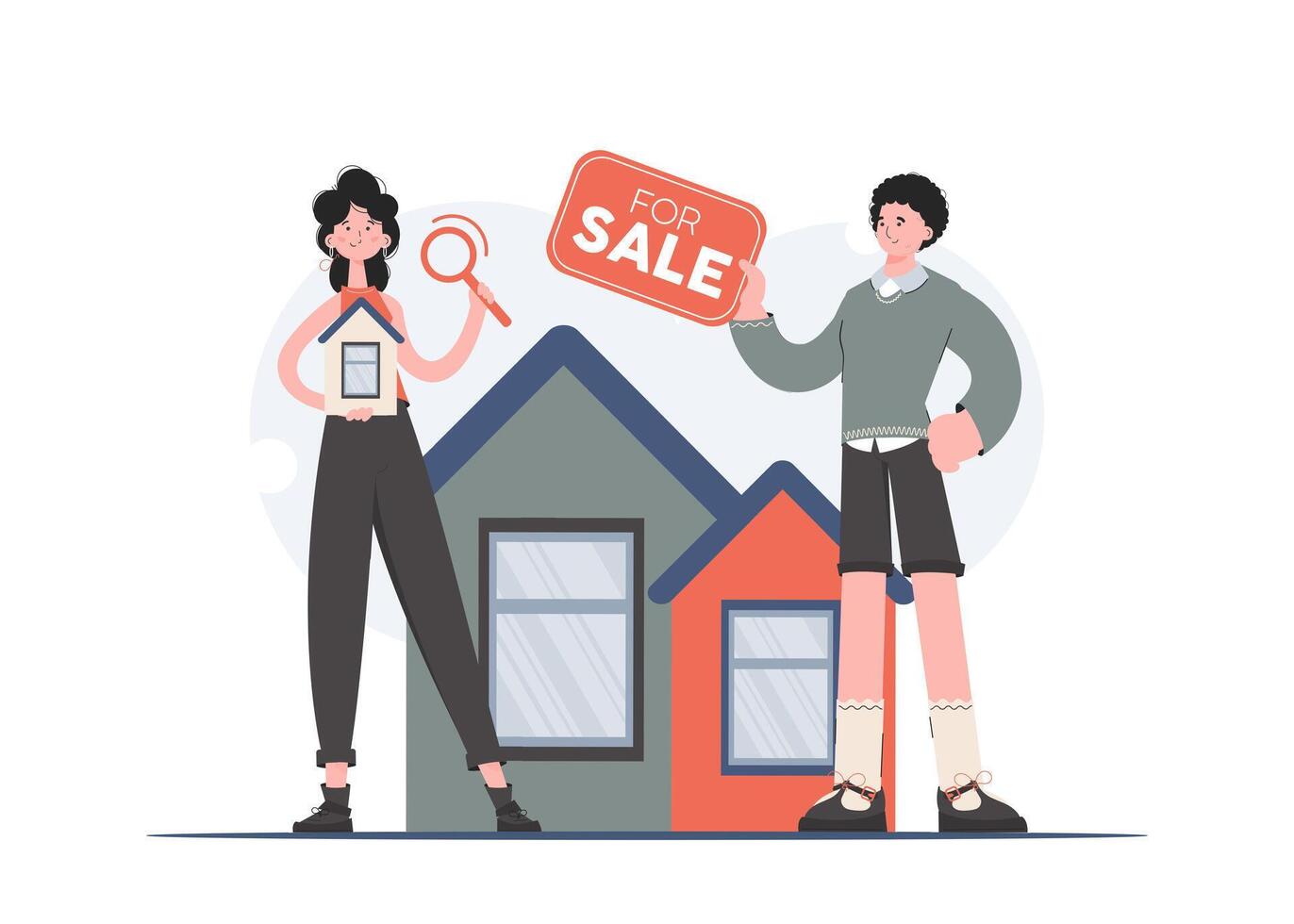 A man and a woman stand in full growth looking for a house. Property search. Flat style. Element for presentations, sites. vector