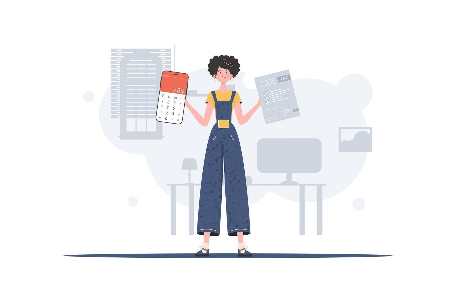 The girl is holding a calculator and a tax form in her hands. The concept of payment and calculation of taxes. illustration in a flat style. vector