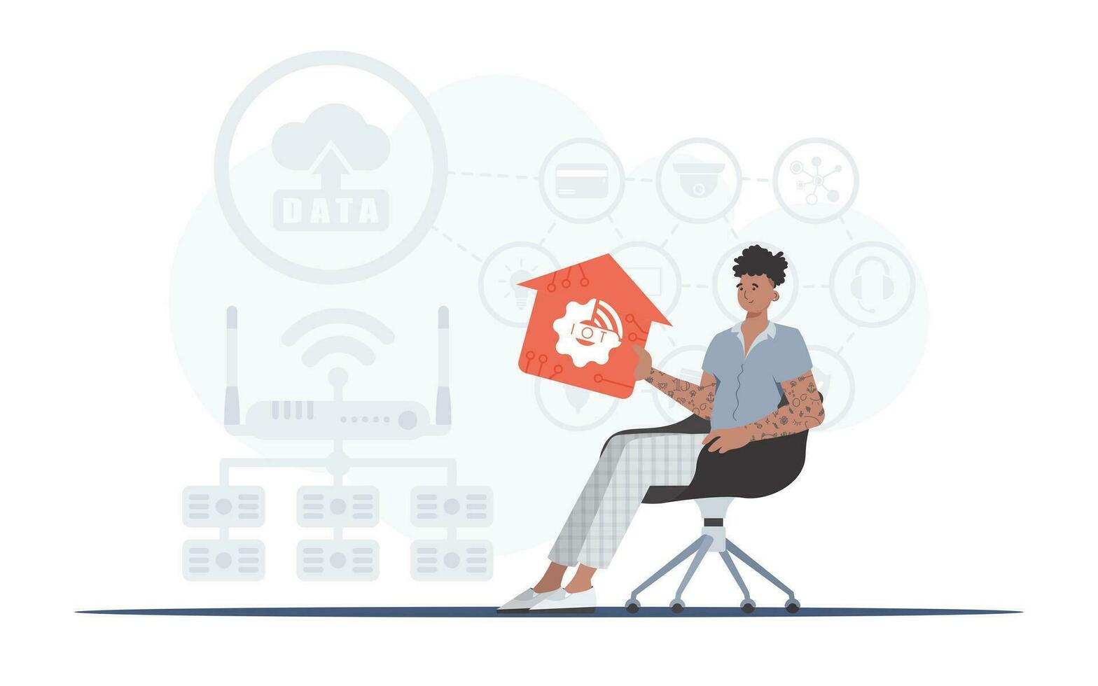 IoT concept. A man sits in an armchair and holds a house icon in his hands. Good for websites and presentations. illustration in flat style. vector