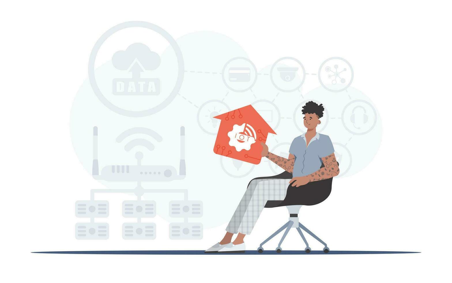 iot concepto. un hombre se sienta en un Sillón y sostiene un casa icono en su manos. bueno para sitios web y presentaciones vector ilustración en plano estilo.