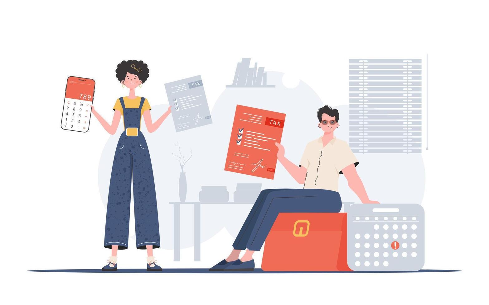 A woman stands and holds a calculator in her hands with a man sitting next to her. Taxes. Element for presentations. vector