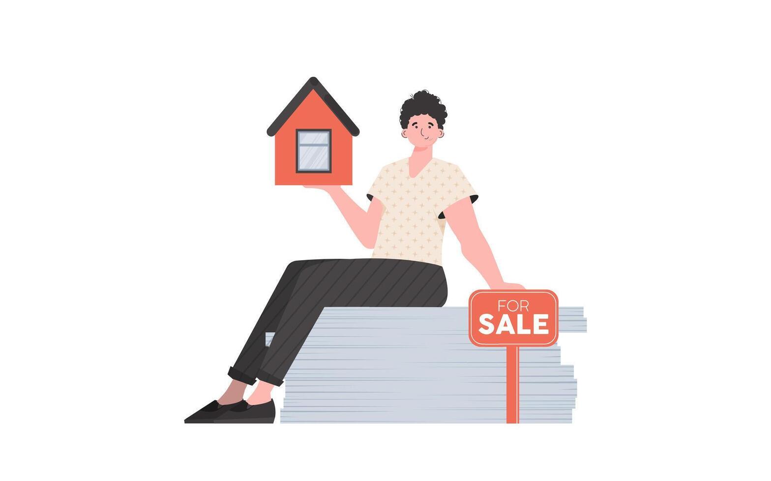 A man sits on a stack of documents and holds a house in his hands. The concept of selling a house. Isolated. Vector illustration.