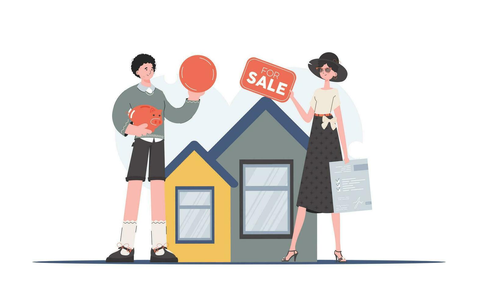 The guy is buying a house. Realtor with tabular for sale and document. Real estate purchase concept. Trend vector illustration.