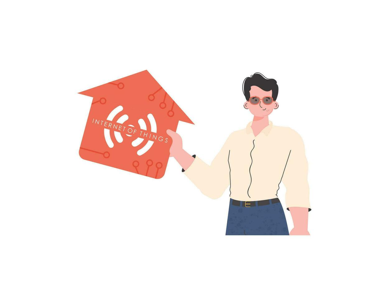Internet of things concept. The guy is shown to the waist. A man holds an icon of a house in his hands. Isolated on white background. Vector illustration in flat style.