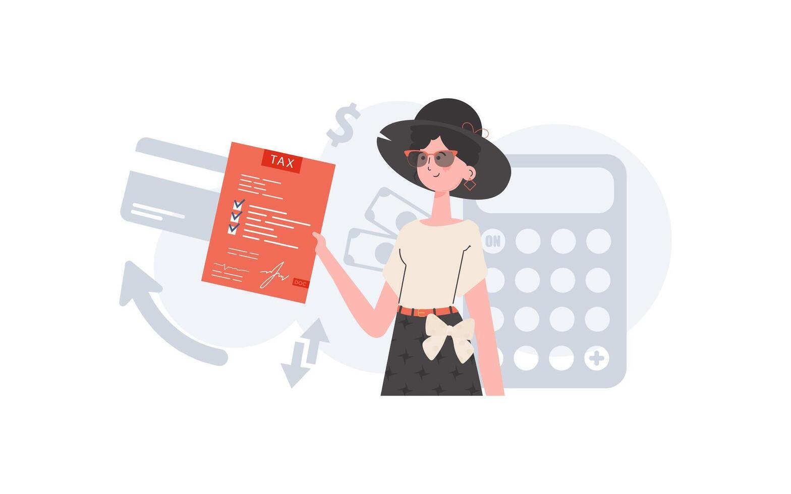 A woman stands waist-deep and holds a form of paid taxes in her hands. Taxes. Element for presentation. vector