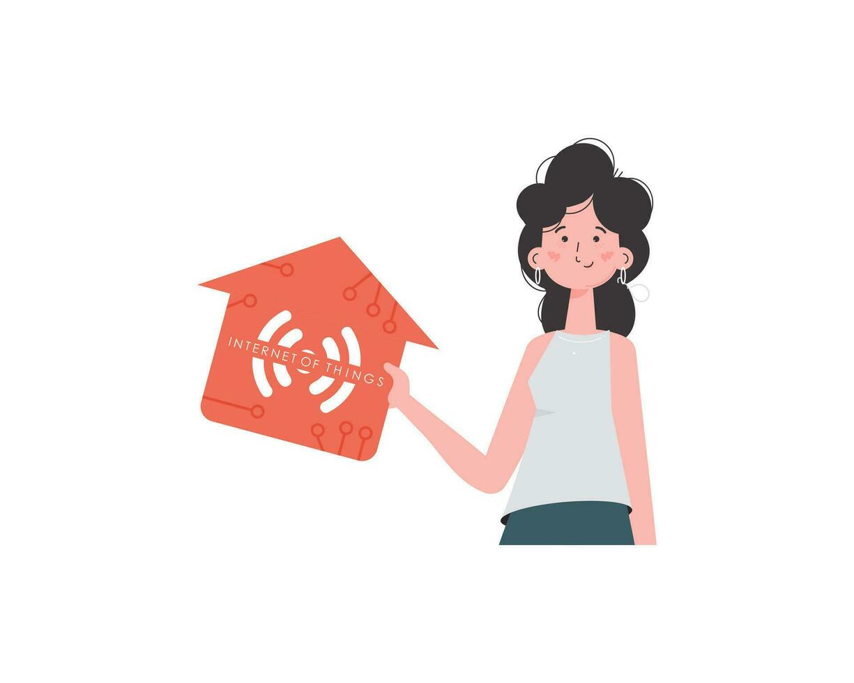 Internet of things concept. The girl is shown to the waist. A woman is holding a house icon in her hands. Isolated on white background. Vector illustration in flat style.