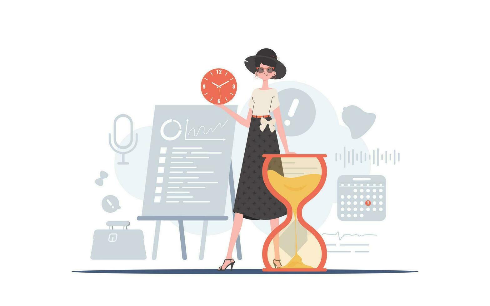 A woman stands in full growth with an hourglass. Time management. Element for presentation. vector