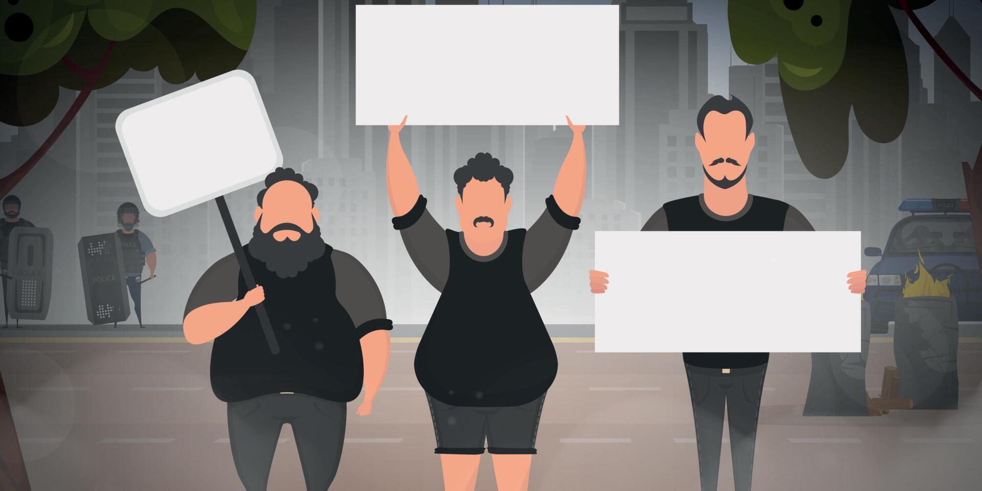 Three men protest on the street. Police, burning barrels, protest. Vector illustration.
