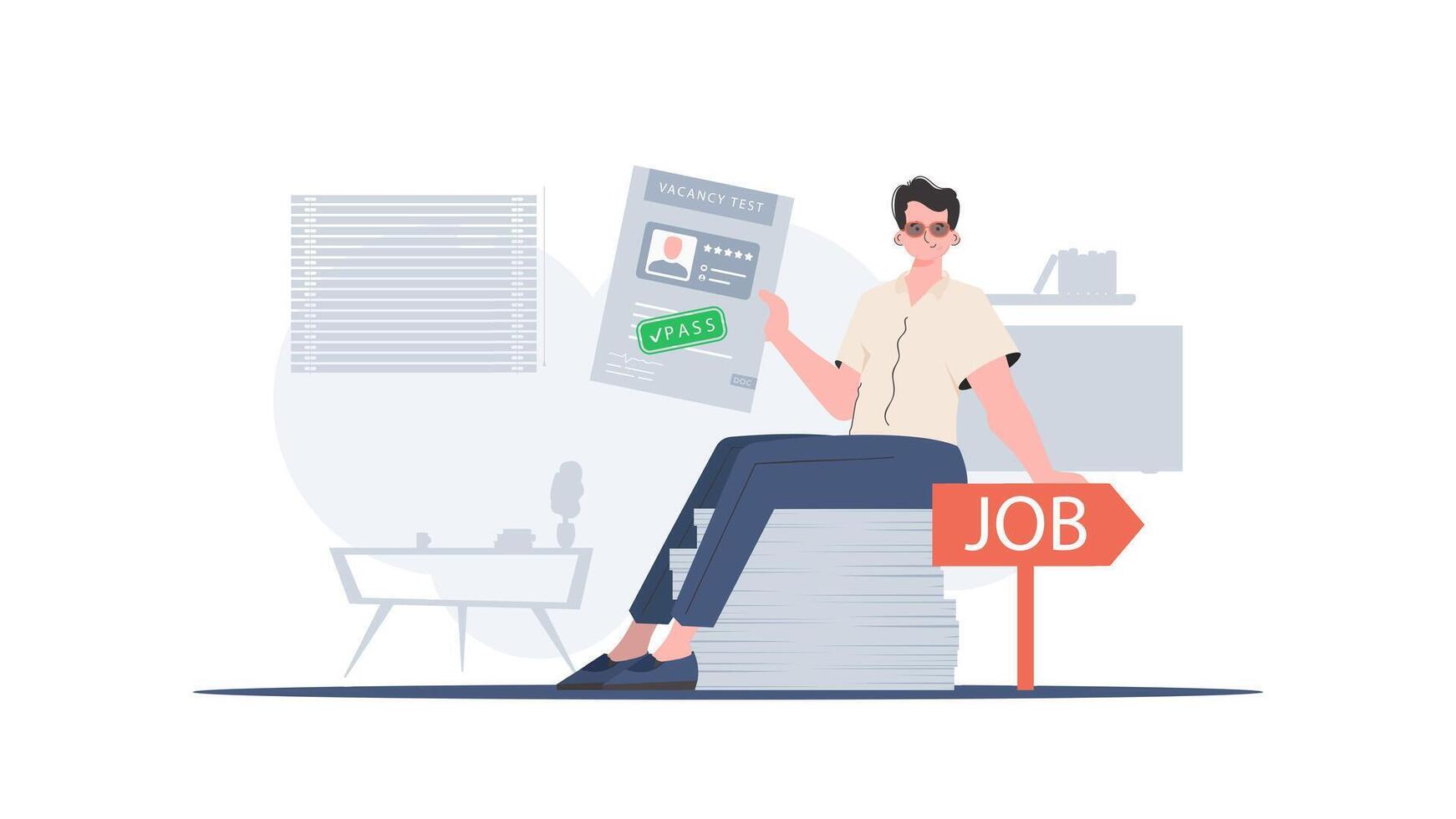 Job search concept. The guy holds in his hands the passed test for a vacancy. Trend style, vector illustration.