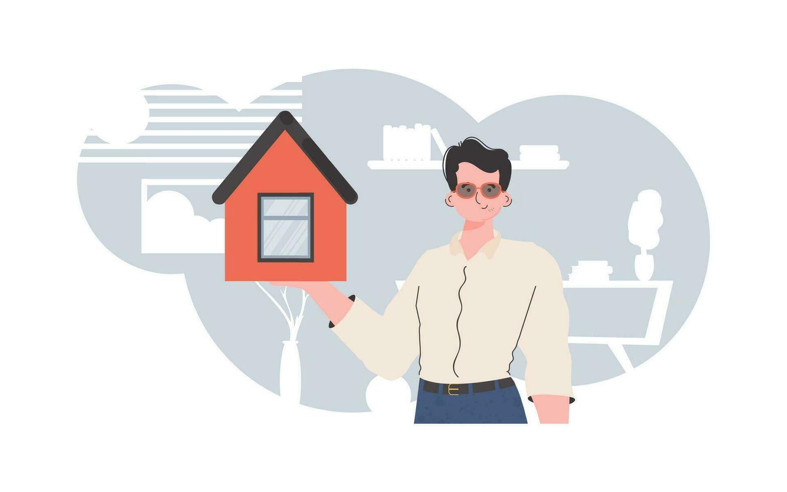 el hombre es representado hasta la cintura participación un pequeño casa en su manos. real inmuebles rebaja concepto. de moda estilo. vector ilustración.