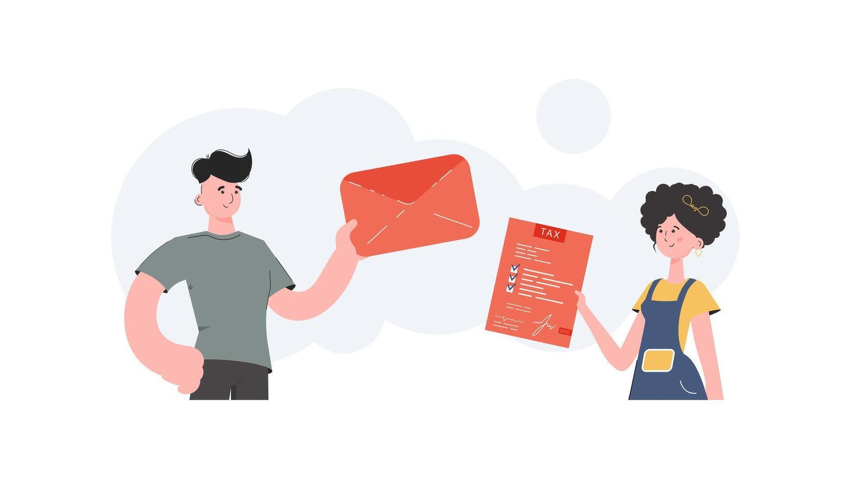 A man and a woman stand waist-deep and hold an envelope and a tax document in their hands. Filling out a tax return. Element for presentation. vector