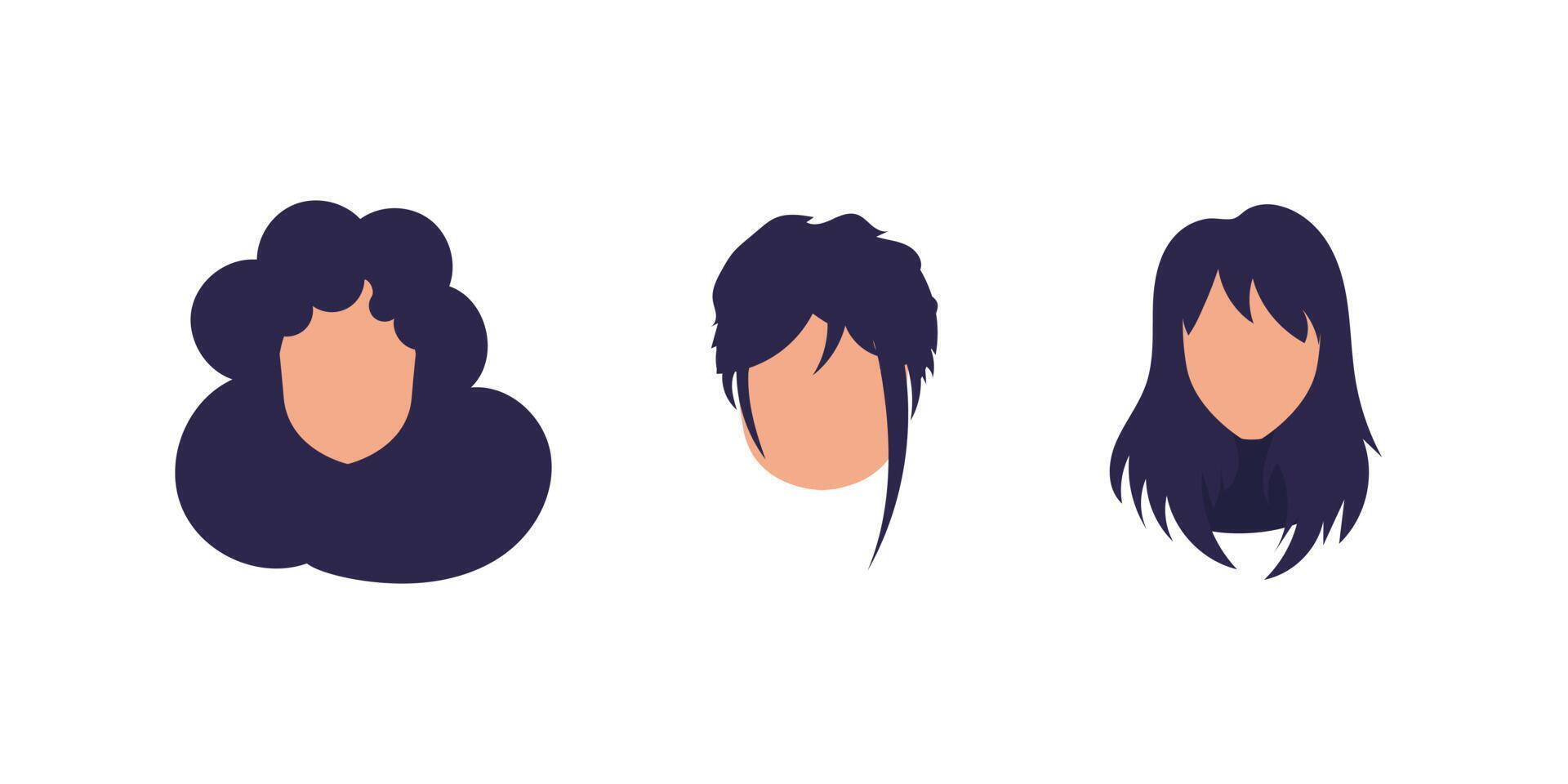 Set of faces of girls with different hairstyles. Isolated on white background. Flat style. vector