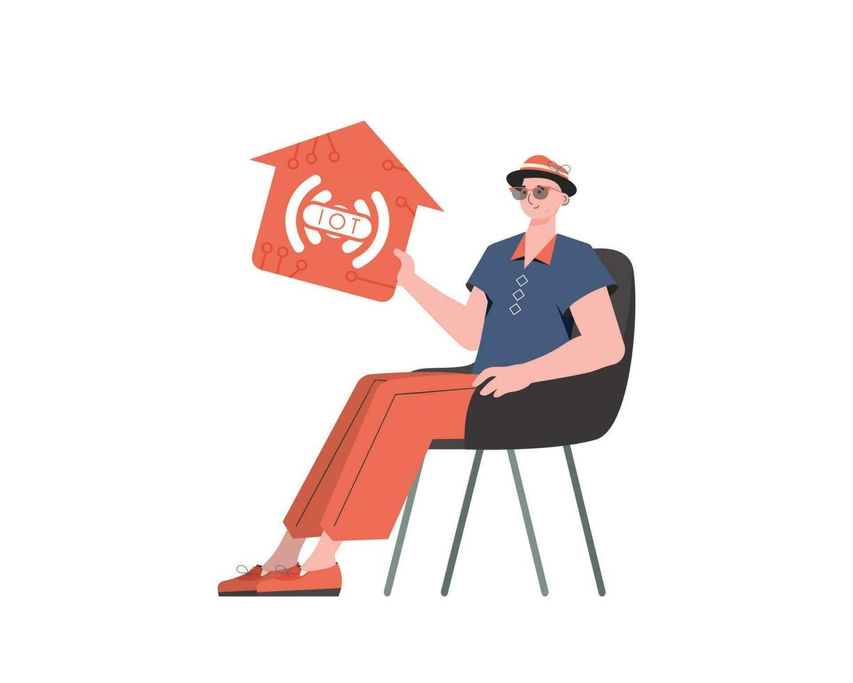 un hombre se sienta en un Sillón y sostiene un casa icono en su manos. iot concepto. aislado en blanco antecedentes. vector ilustración en plano estilo.